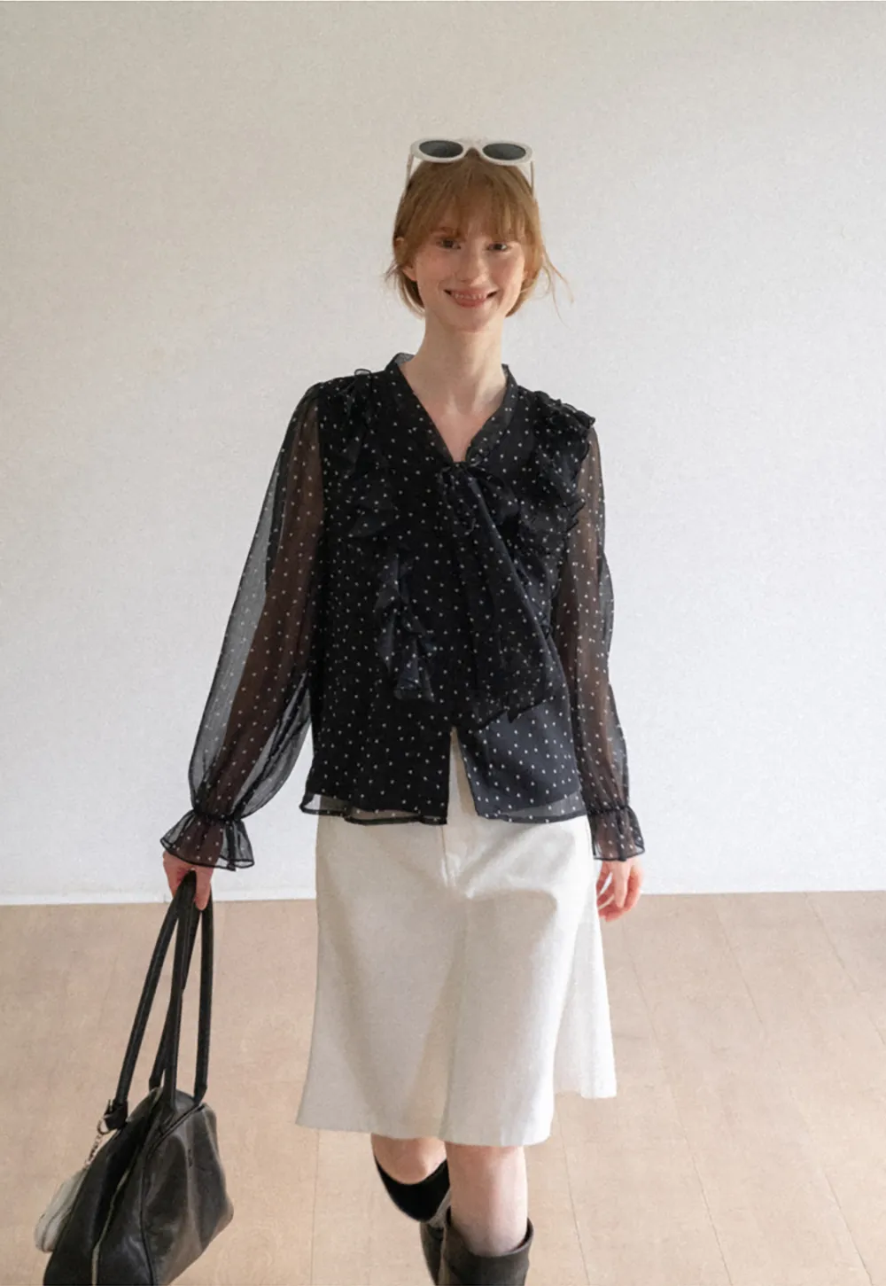 Sheer Polka Dot Ruffled Bow Neck Blouse