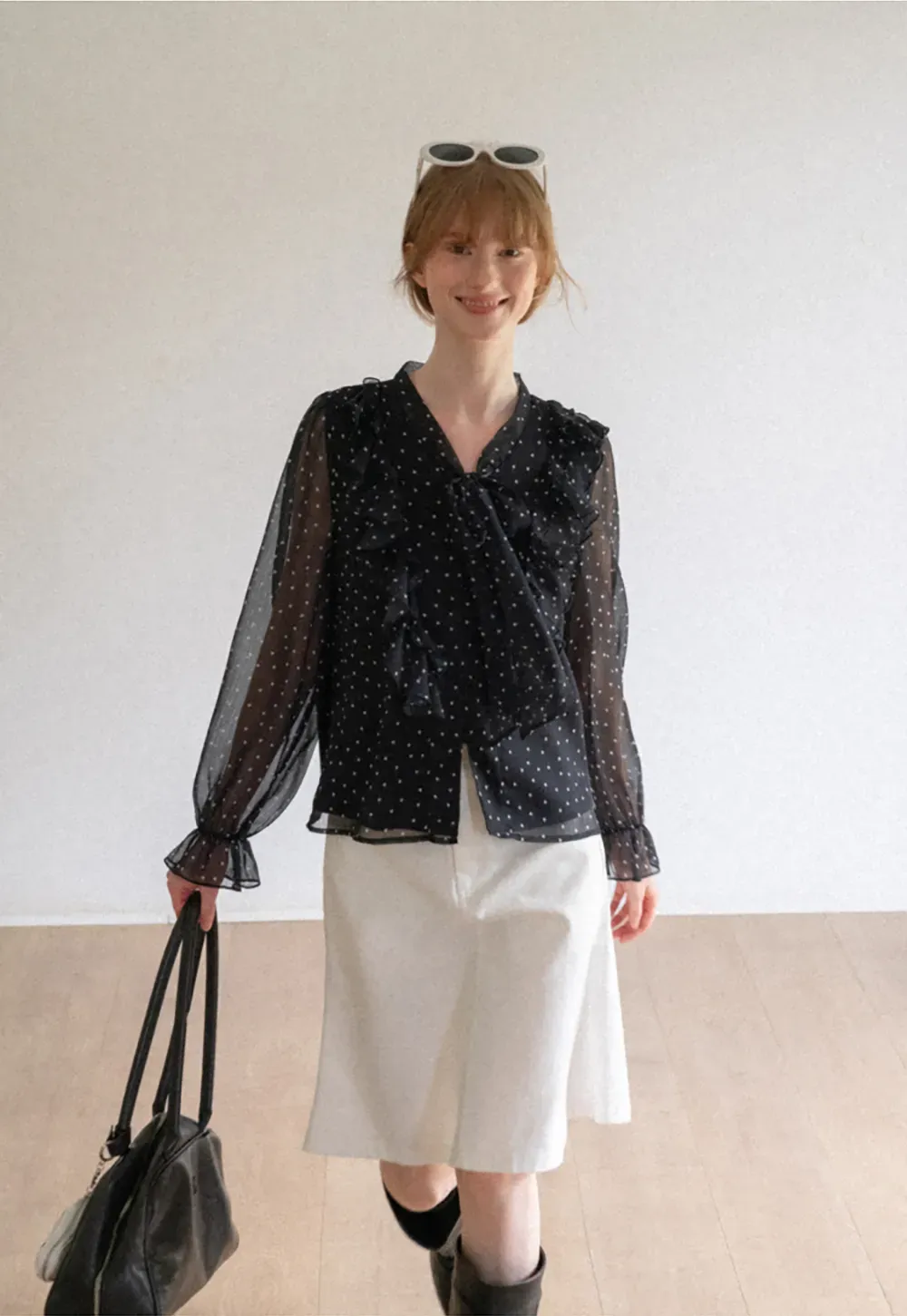 Sheer Polka Dot Ruffled Bow Neck Blouse