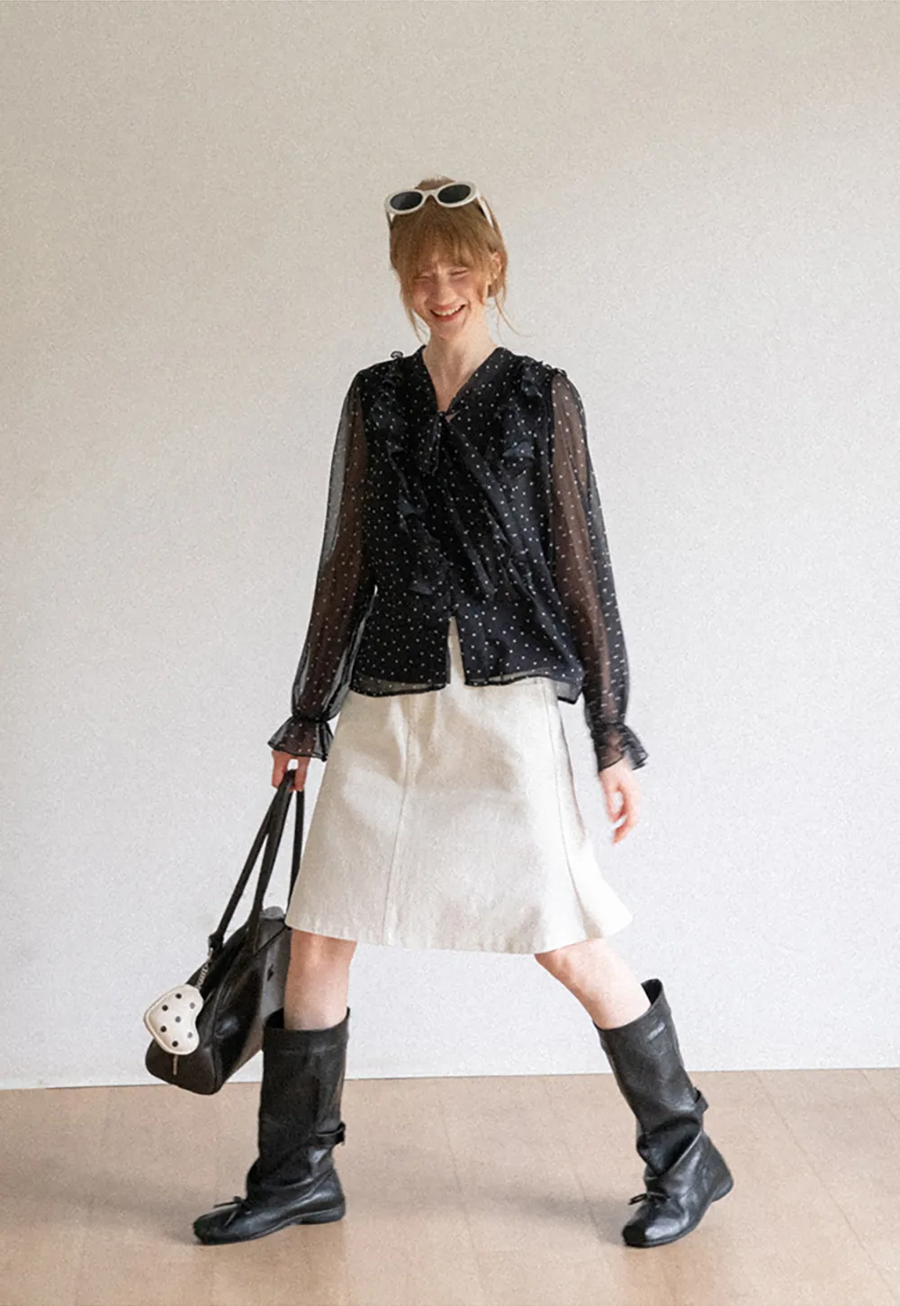 Sheer Polka Dot Ruffled Bow Neck Blouse