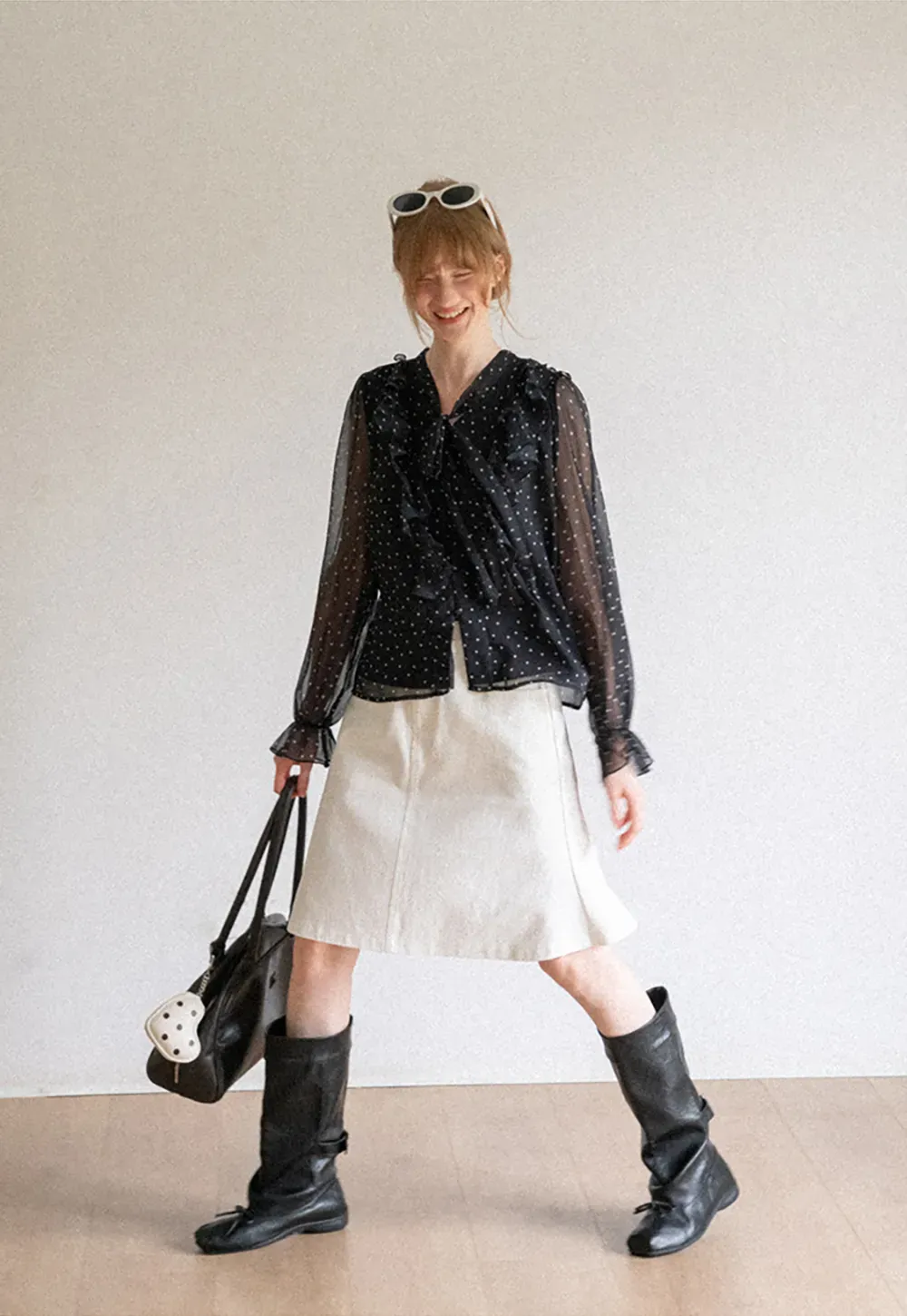 Sheer Polka Dot Ruffled Bow Neck Blouse