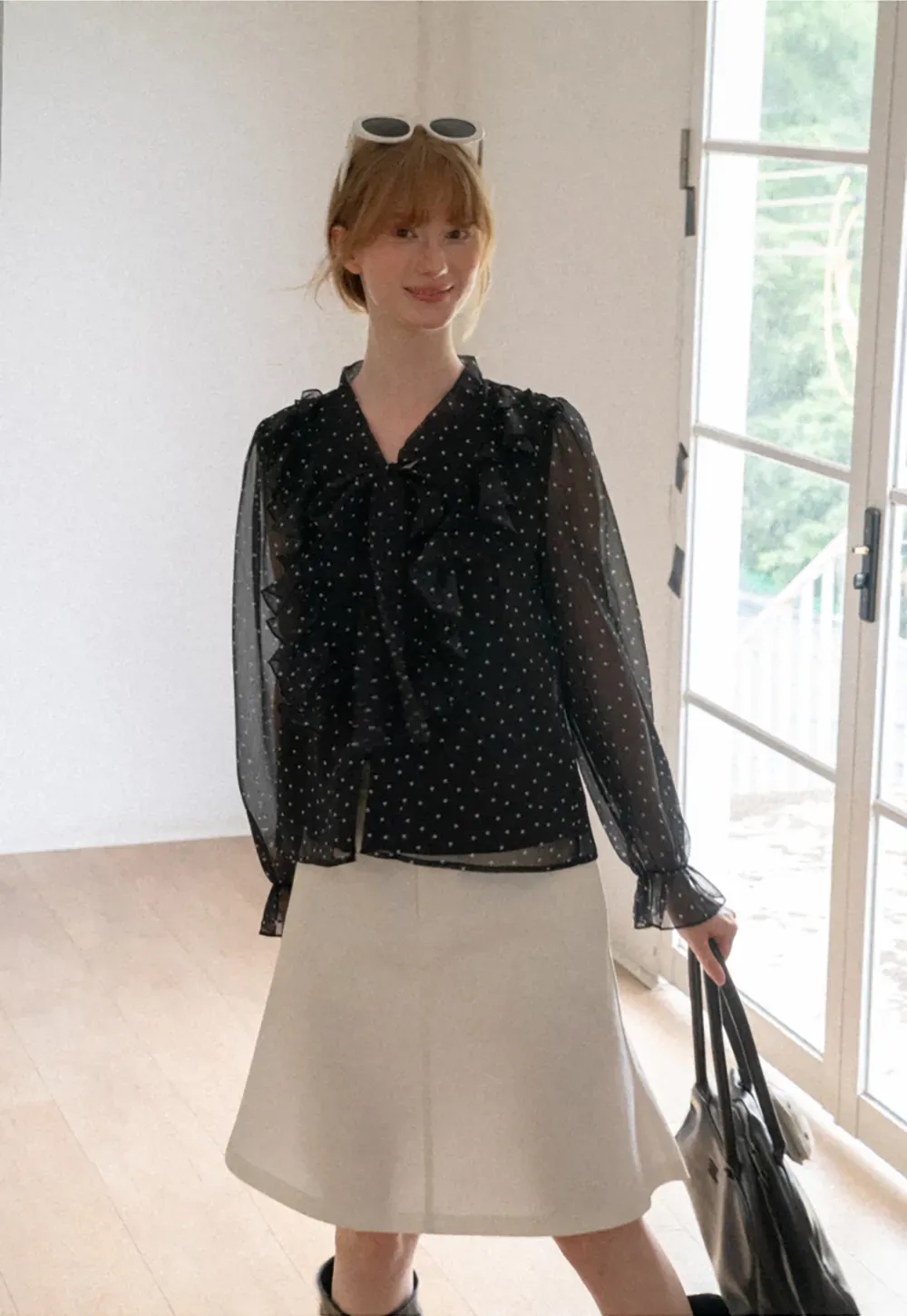 Sheer Polka Dot Ruffled Bow Neck Blouse