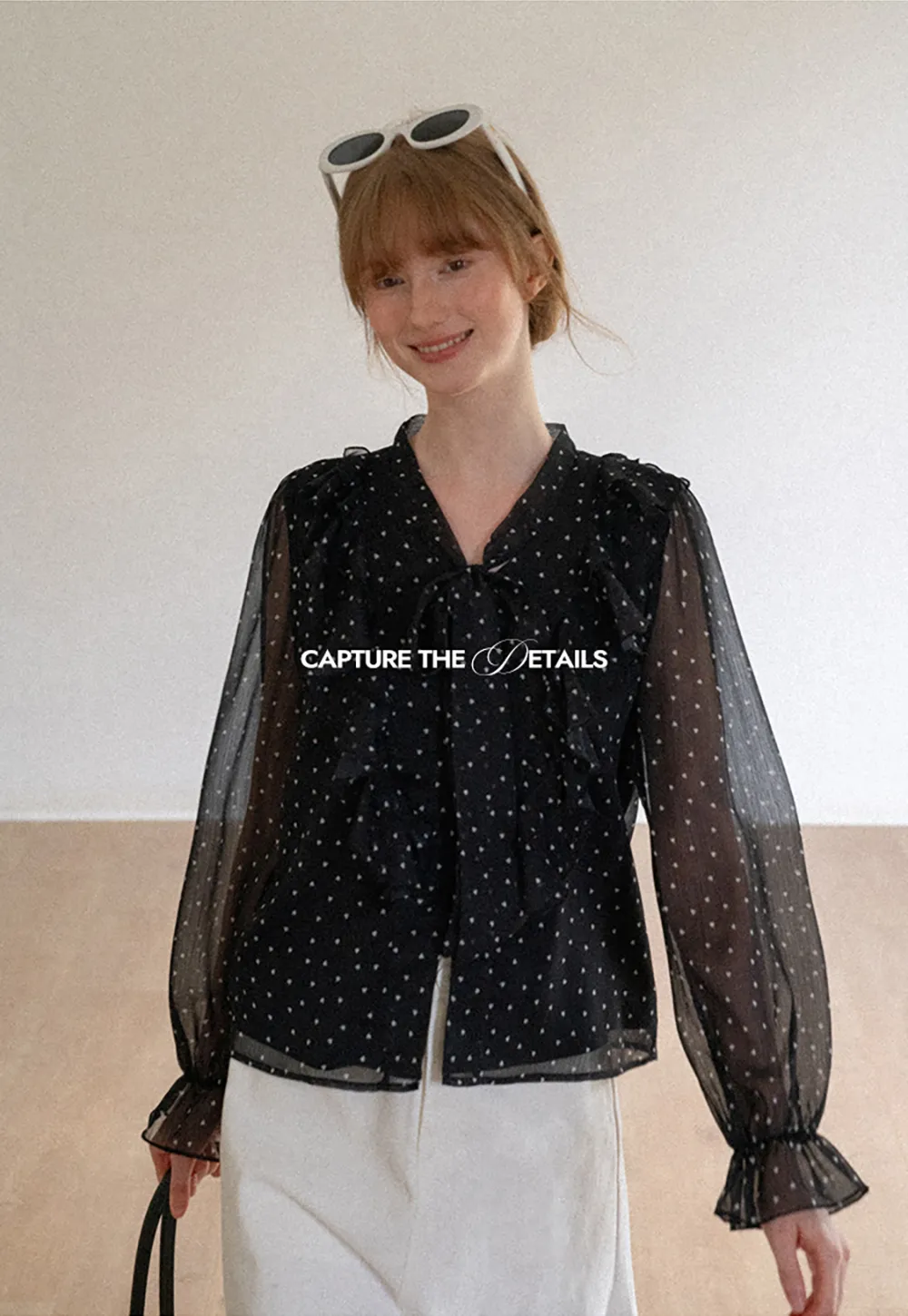 Sheer Polka Dot Ruffled Bow Neck Blouse