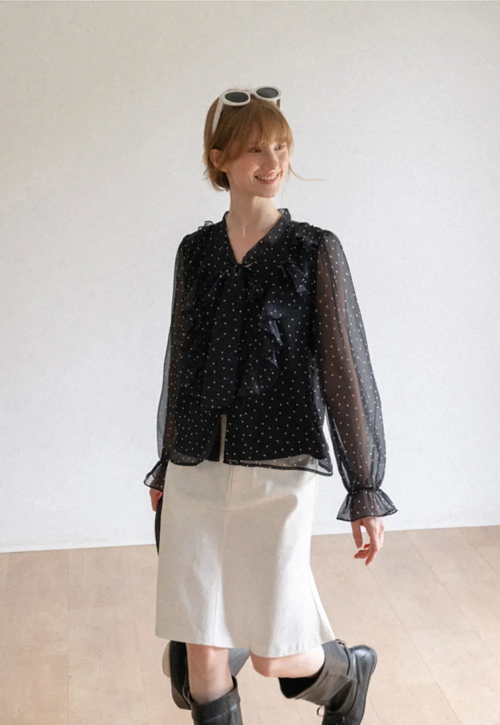 Sheer Polka Dot Ruffled Bow Neck Blouse
