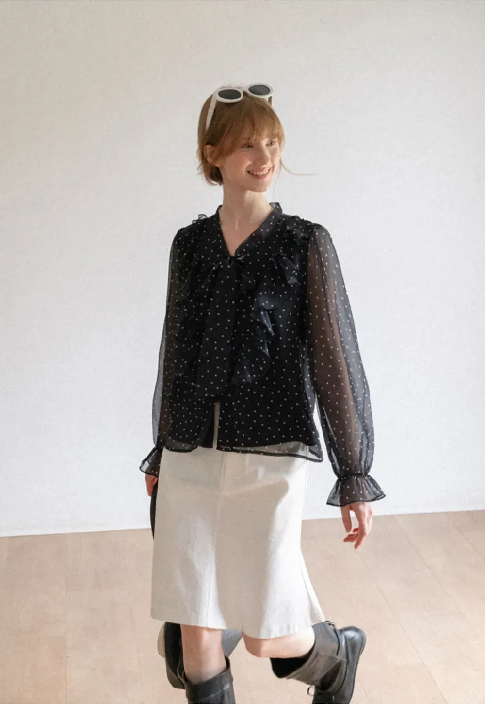 Sheer Polka Dot Ruffled Bow Neck Blouse