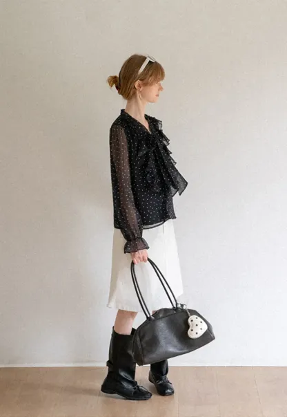 Sheer Polka Dot Ruffled Bow Neck Blouse