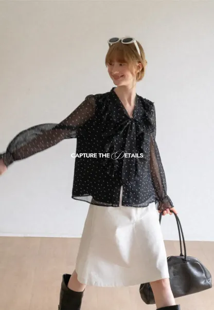 Sheer Polka Dot Ruffled Bow Neck Blouse