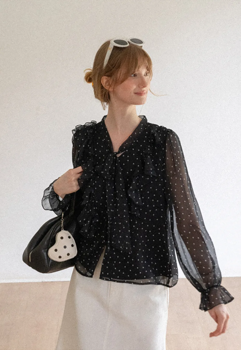 Sheer Polka Dot Ruffled Bow Neck Blouse