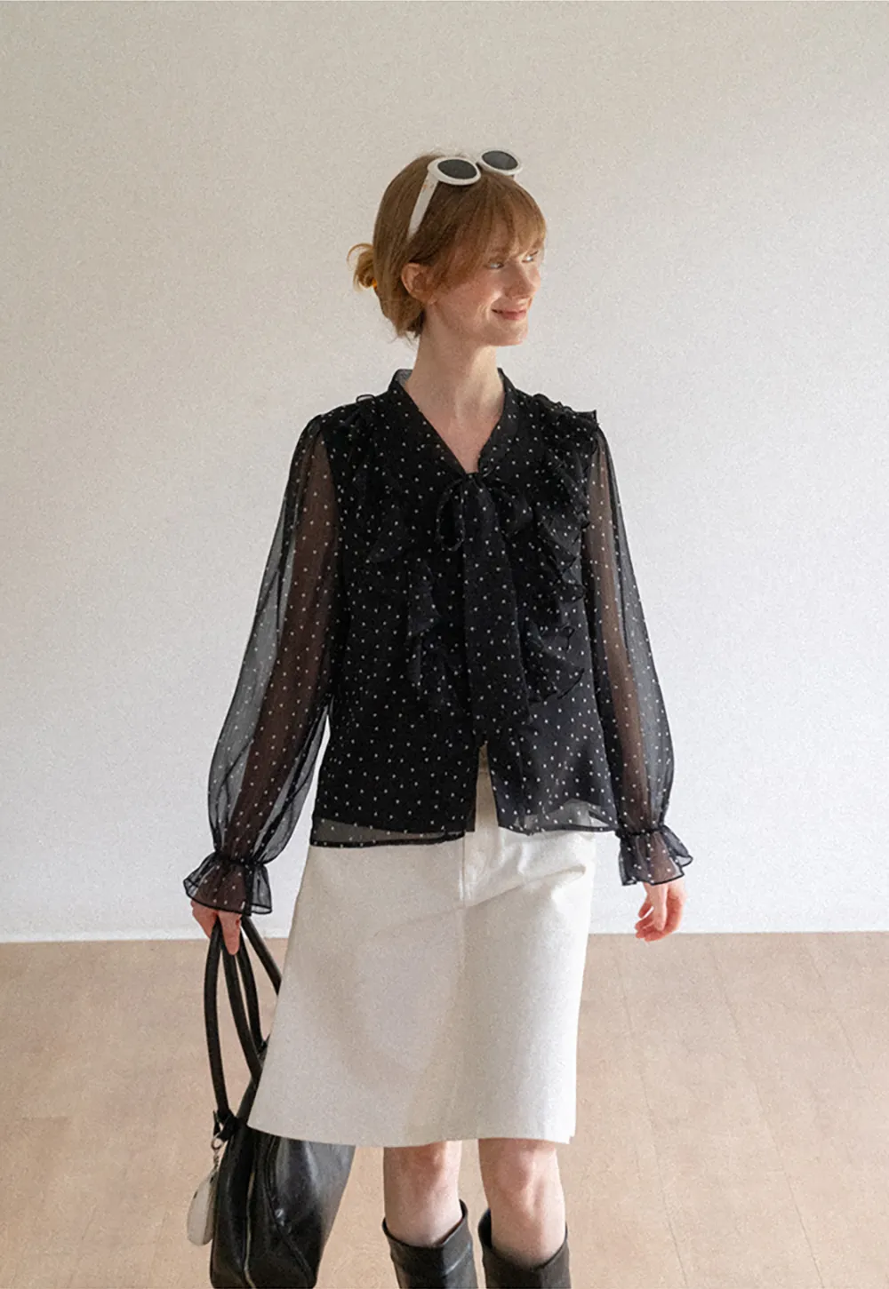 Sheer Polka Dot Ruffled Bow Neck Blouse