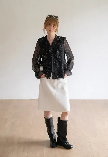 Sheer Polka Dot Ruffled Bow Neck Blouse