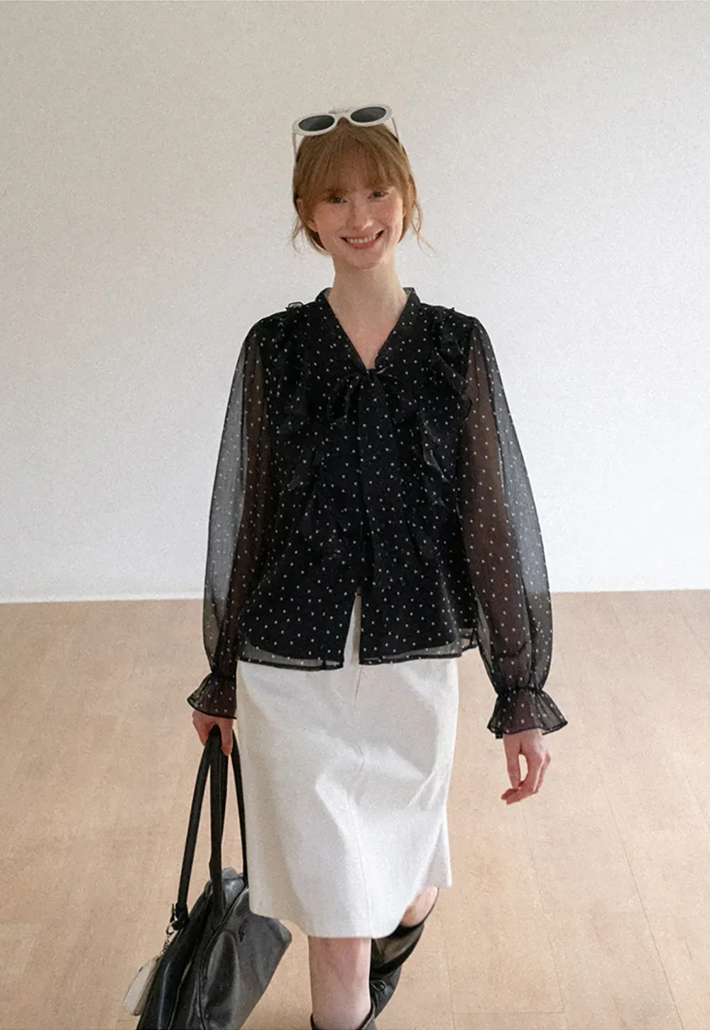 Sheer Polka Dot Ruffled Bow Neck Blouse