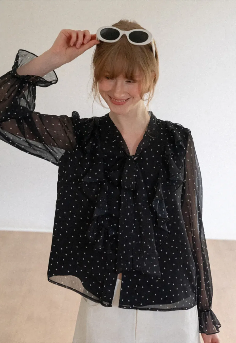 Sheer Polka Dot Ruffled Bow Neck Blouse