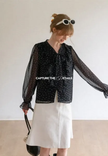 Sheer Polka Dot Ruffled Bow Neck Blouse