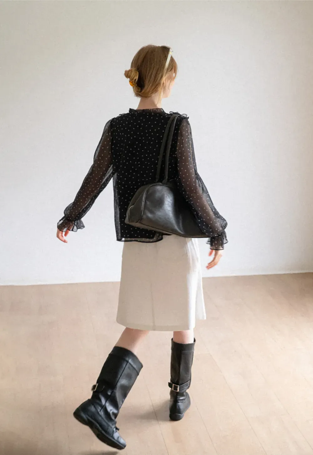 Sheer Polka Dot Ruffled Bow Neck Blouse