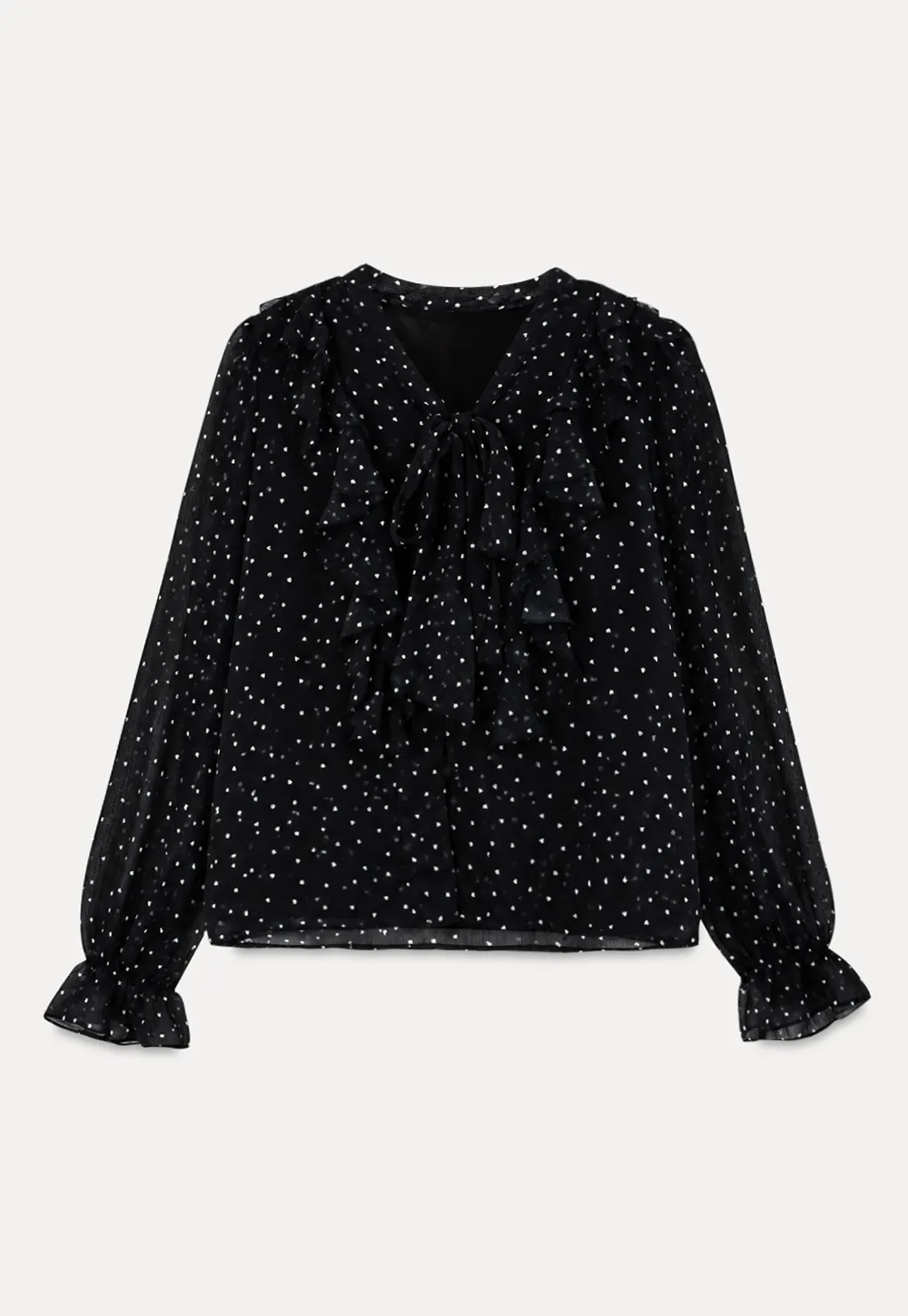 Sheer Polka Dot Ruffled Bow Neck Blouse