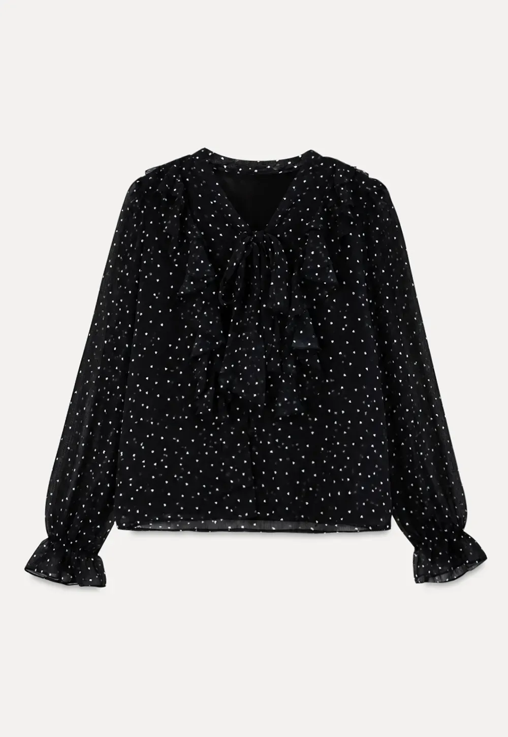 Sheer Polka Dot Ruffled Bow Neck Blouse