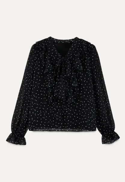 Sheer Polka Dot Ruffled Bow Neck Blouse