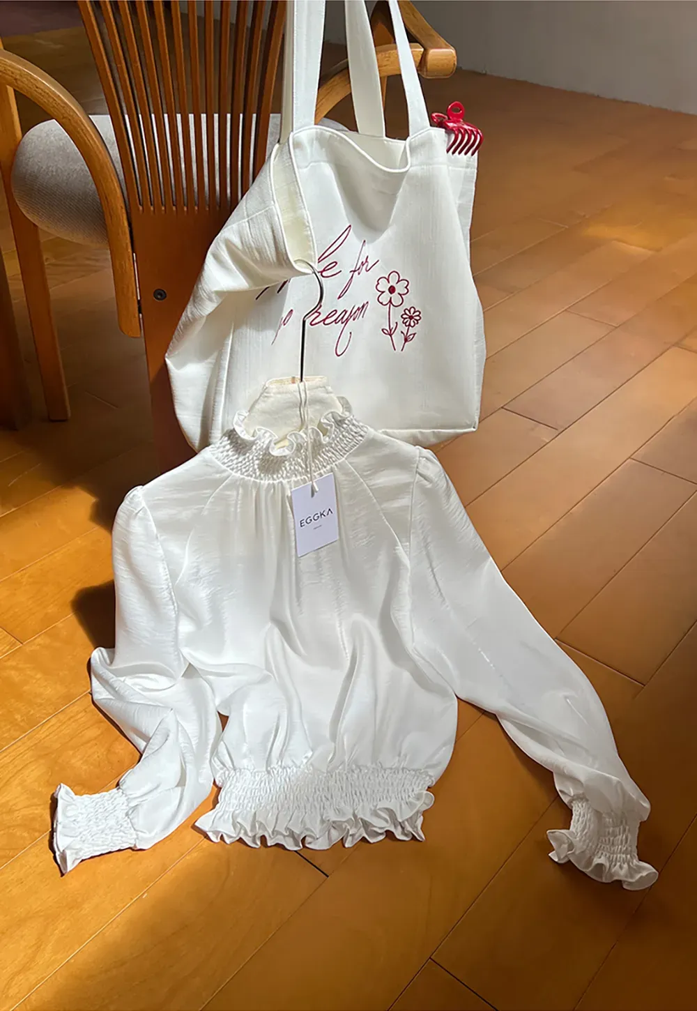 Smocked High Neck Ruffled Cuff Blouse