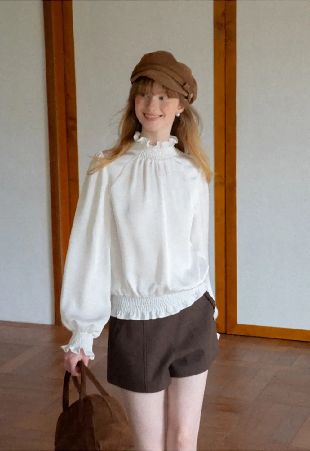 Smocked High Neck Ruffled Cuff Blouse
