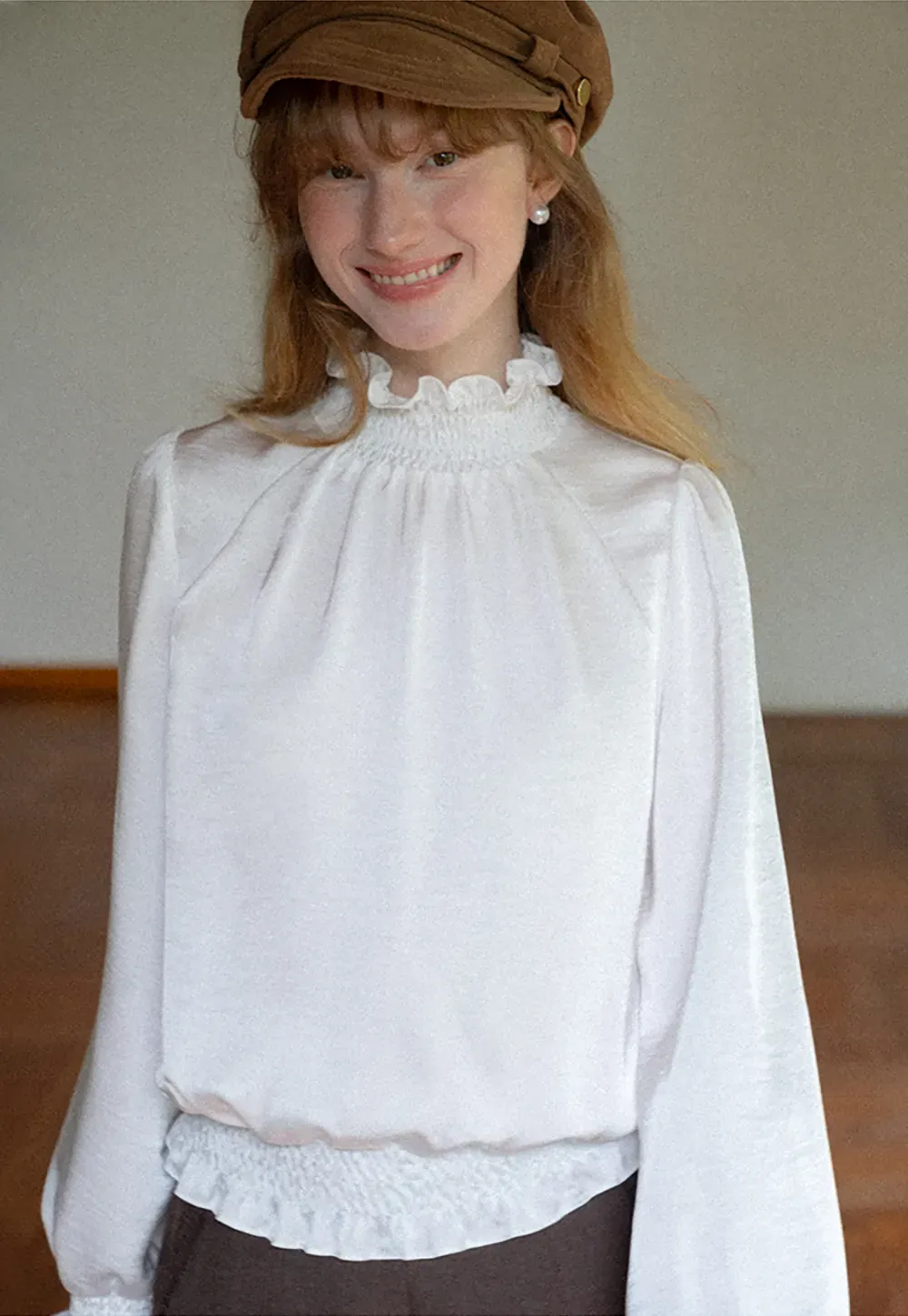 Smocked High Neck Ruffled Cuff Blouse