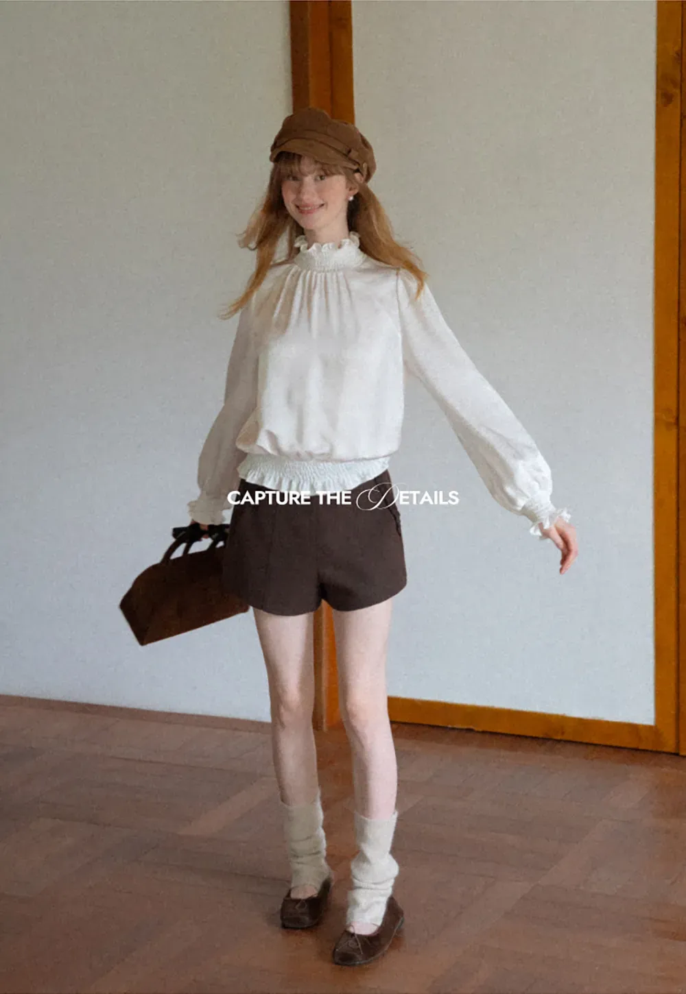 Smocked High Neck Ruffled Cuff Blouse