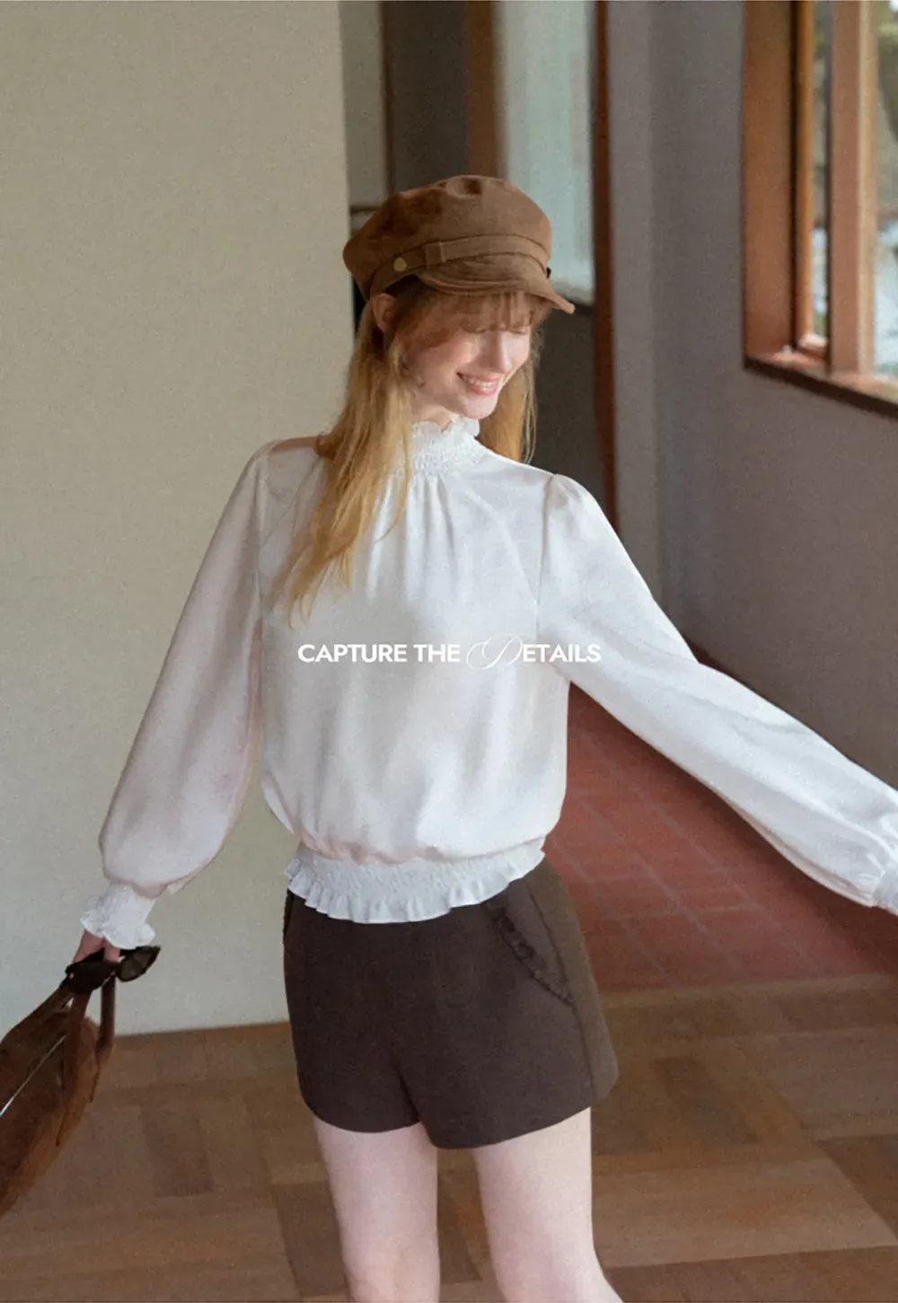 Smocked High Neck Ruffled Cuff Blouse