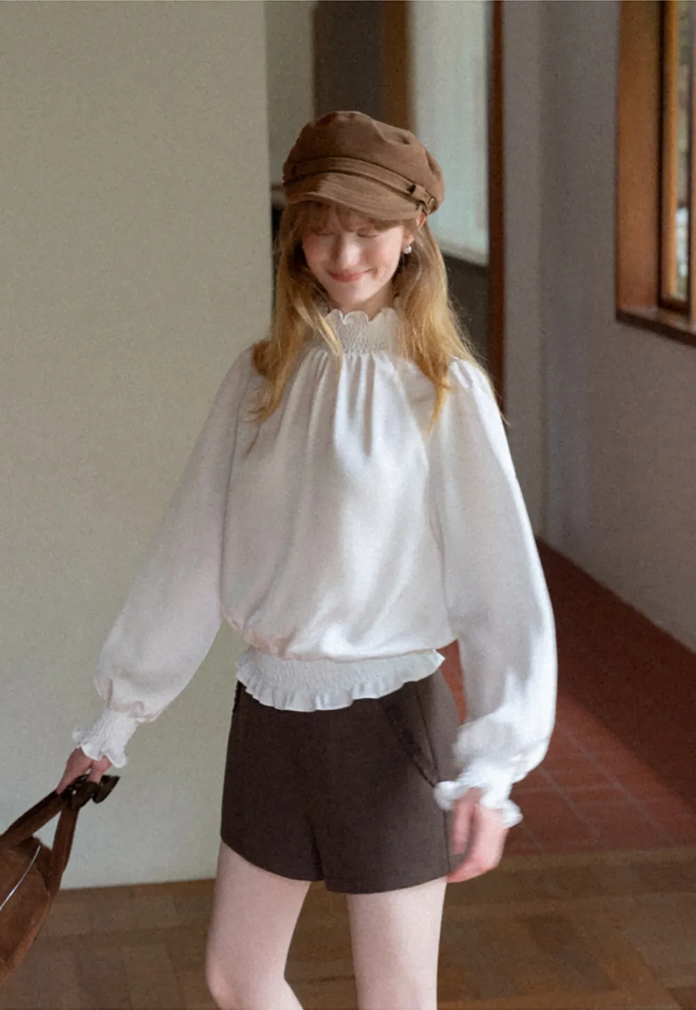 Smocked High Neck Ruffled Cuff Blouse