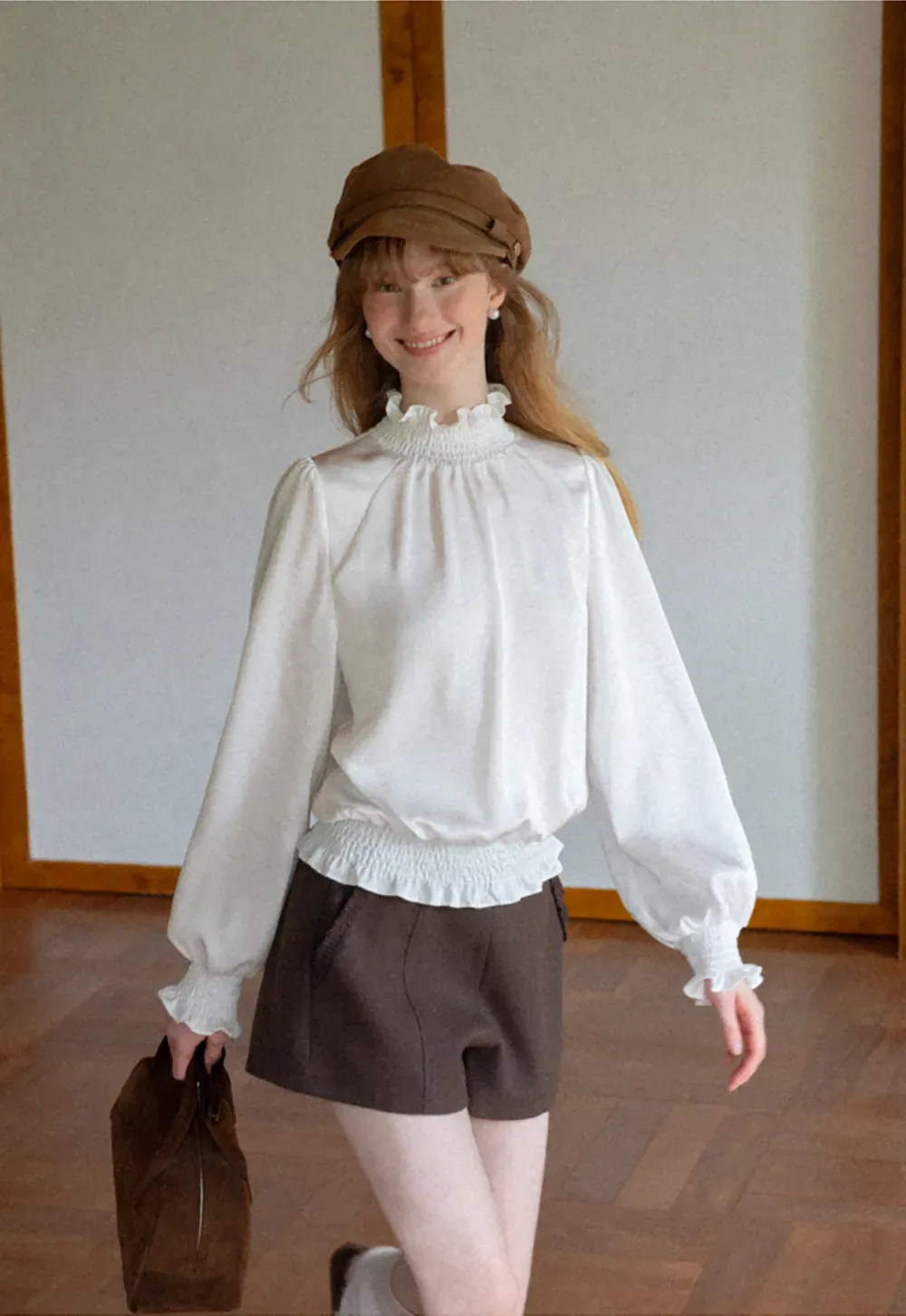 Smocked High Neck Ruffled Cuff Blouse