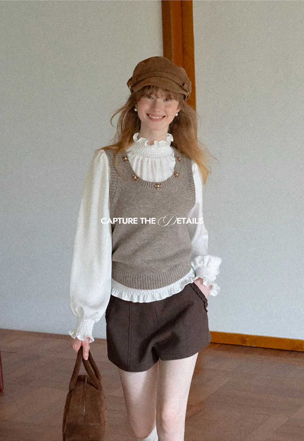 Smocked High Neck Ruffled Cuff Blouse