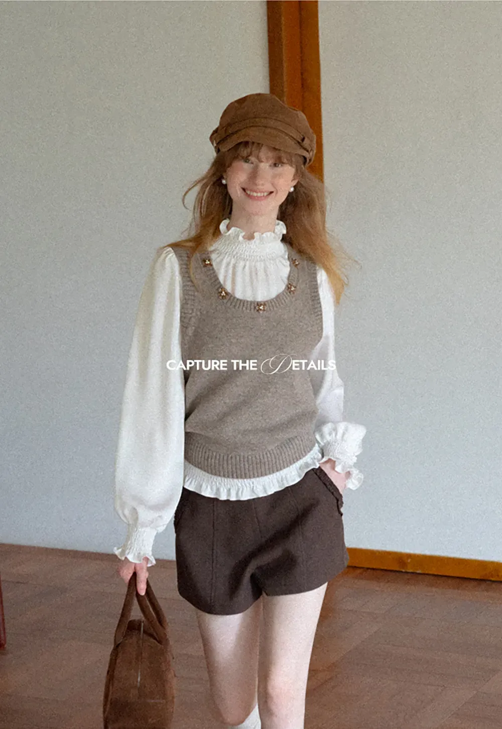 Smocked High Neck Ruffled Cuff Blouse