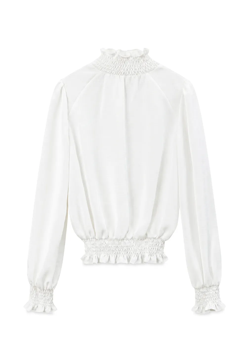 Smocked High Neck Ruffled Cuff Blouse