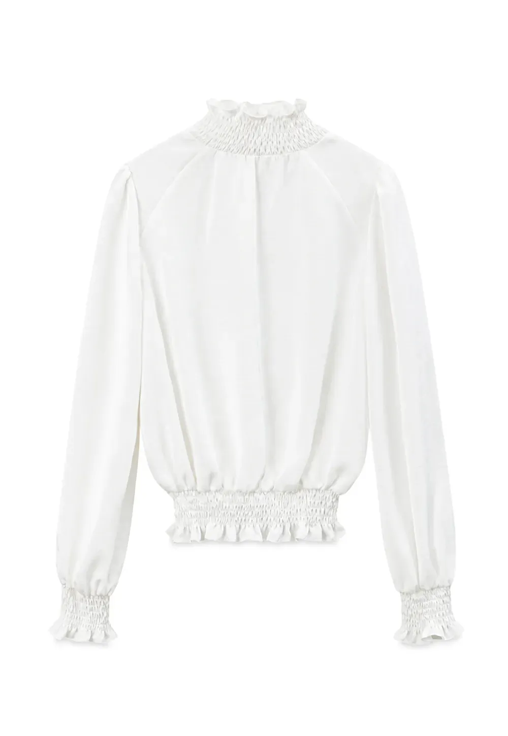 Smocked High Neck Ruffled Cuff Blouse