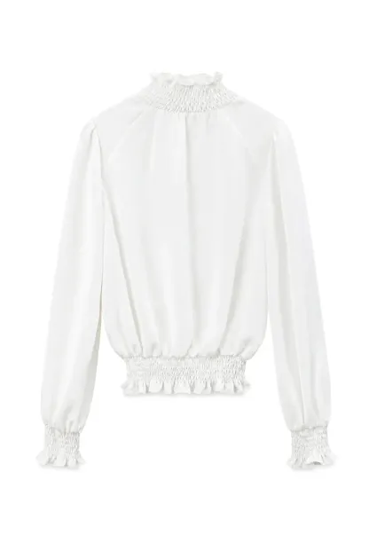 Smocked High Neck Ruffled Cuff Blouse