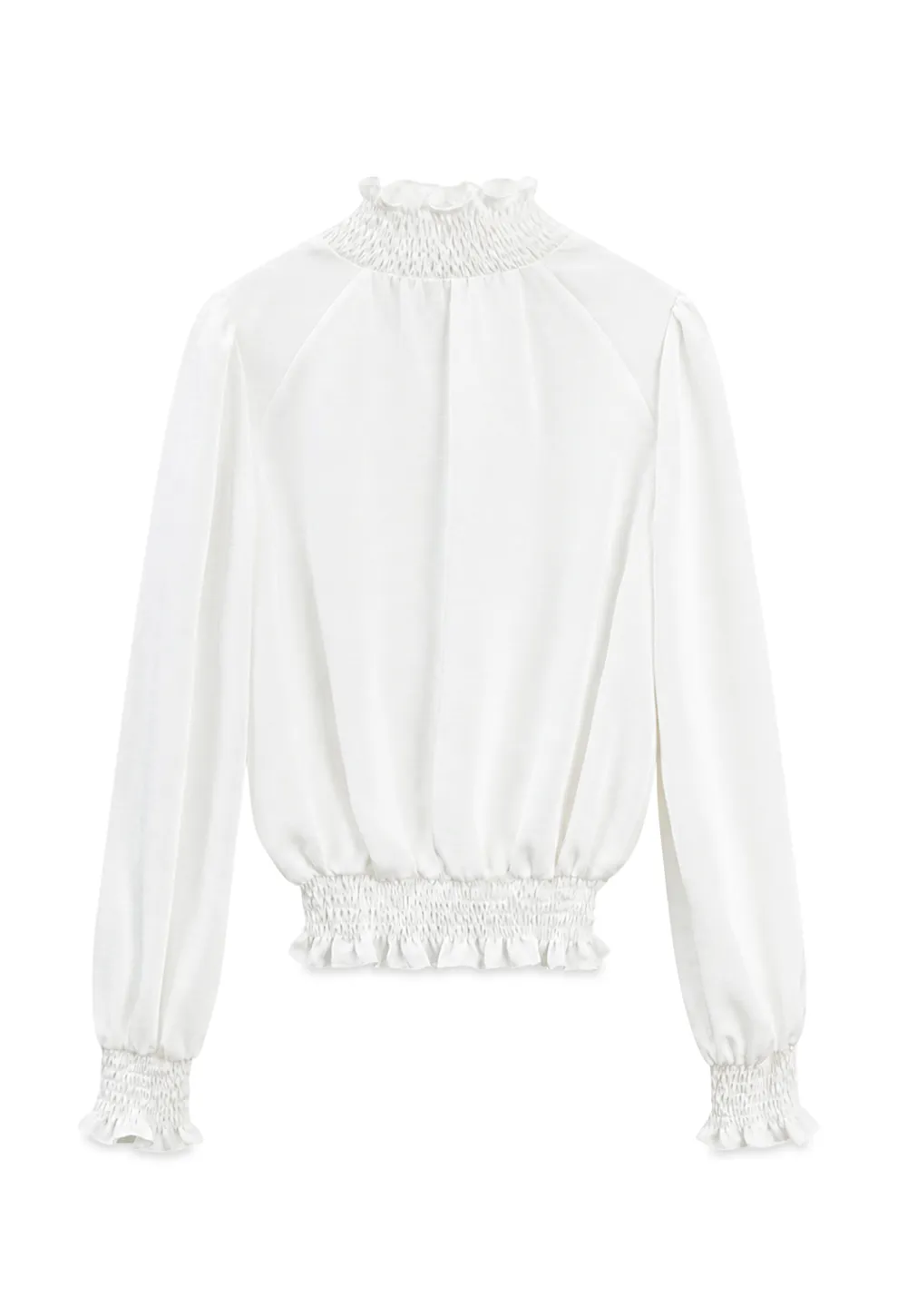 Smocked High Neck Ruffled Cuff Blouse