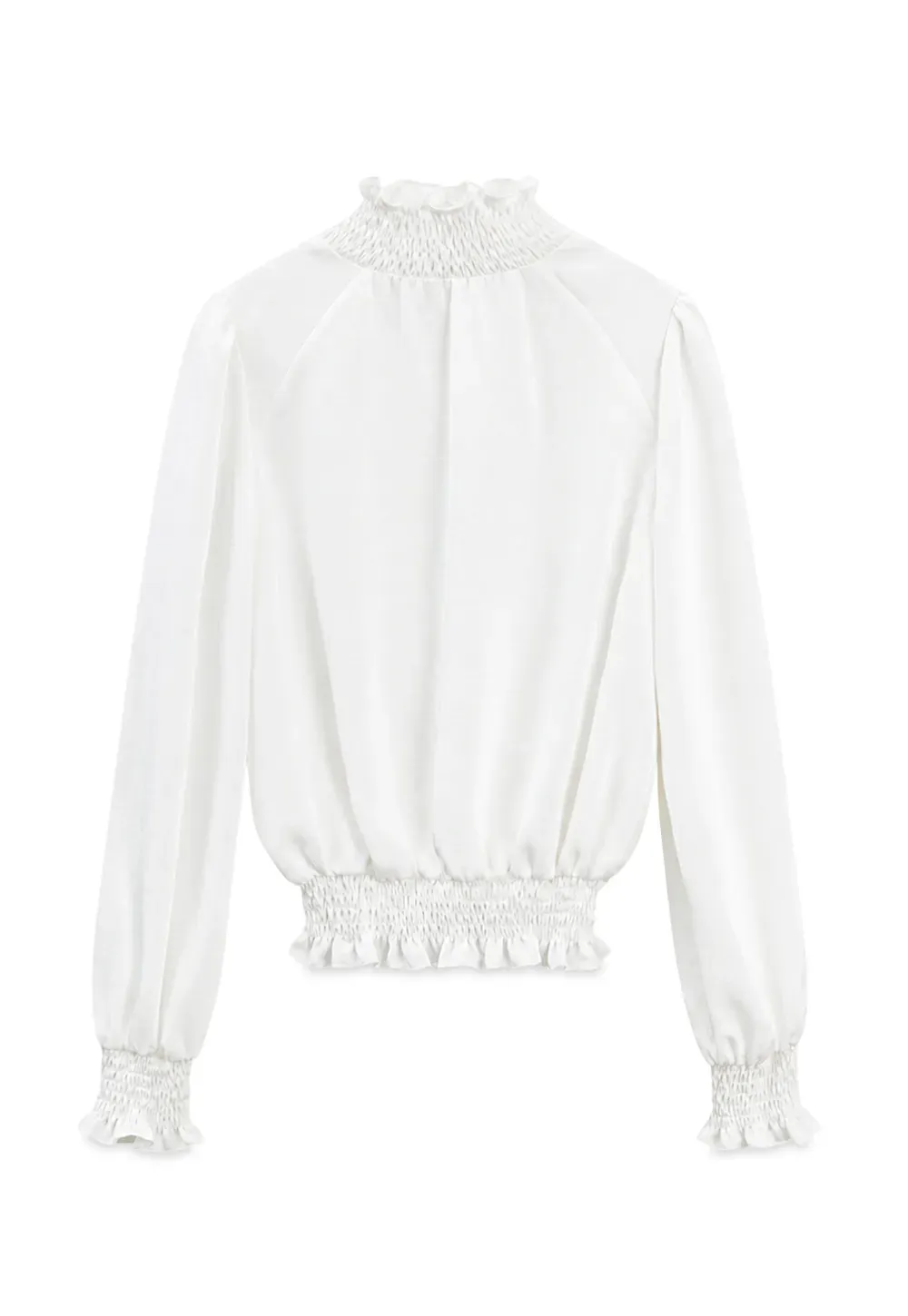 Smocked High Neck Ruffled Cuff Blouse