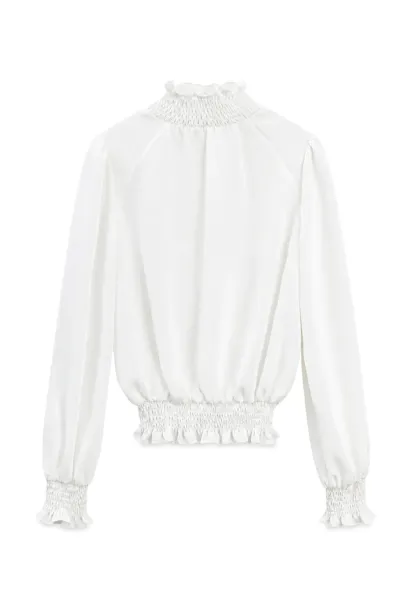Smocked High Neck Ruffled Cuff Blouse