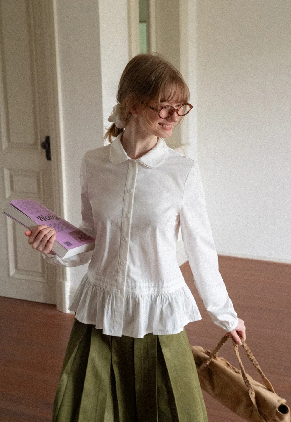 Peplum Hem Peter Pan Collar Button Up Shirt