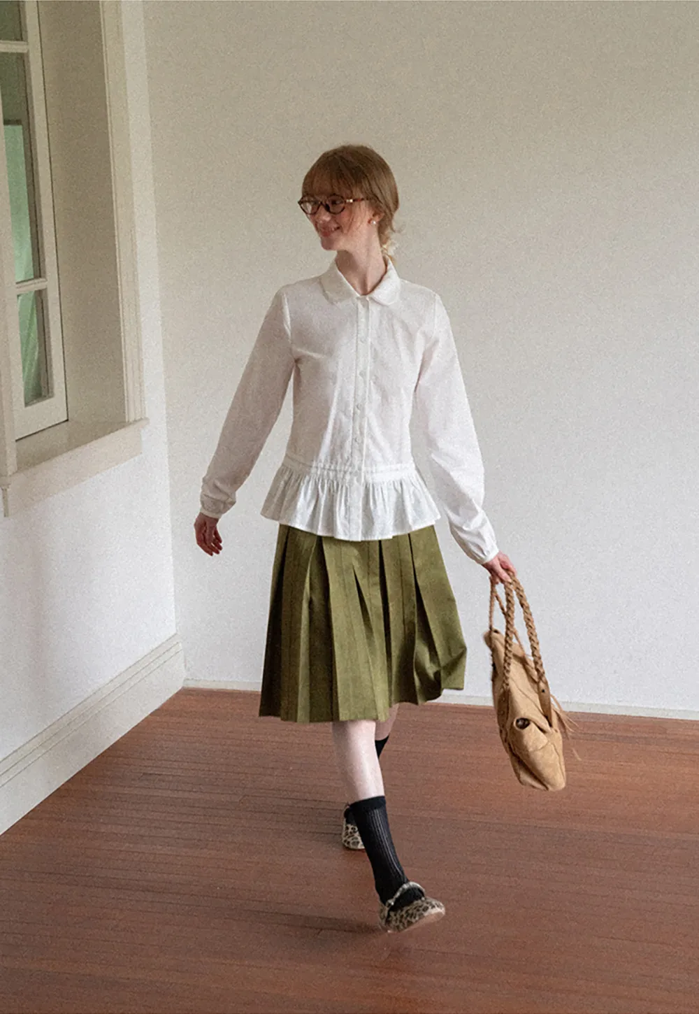 Peplum Hem Peter Pan Collar Button Up Shirt