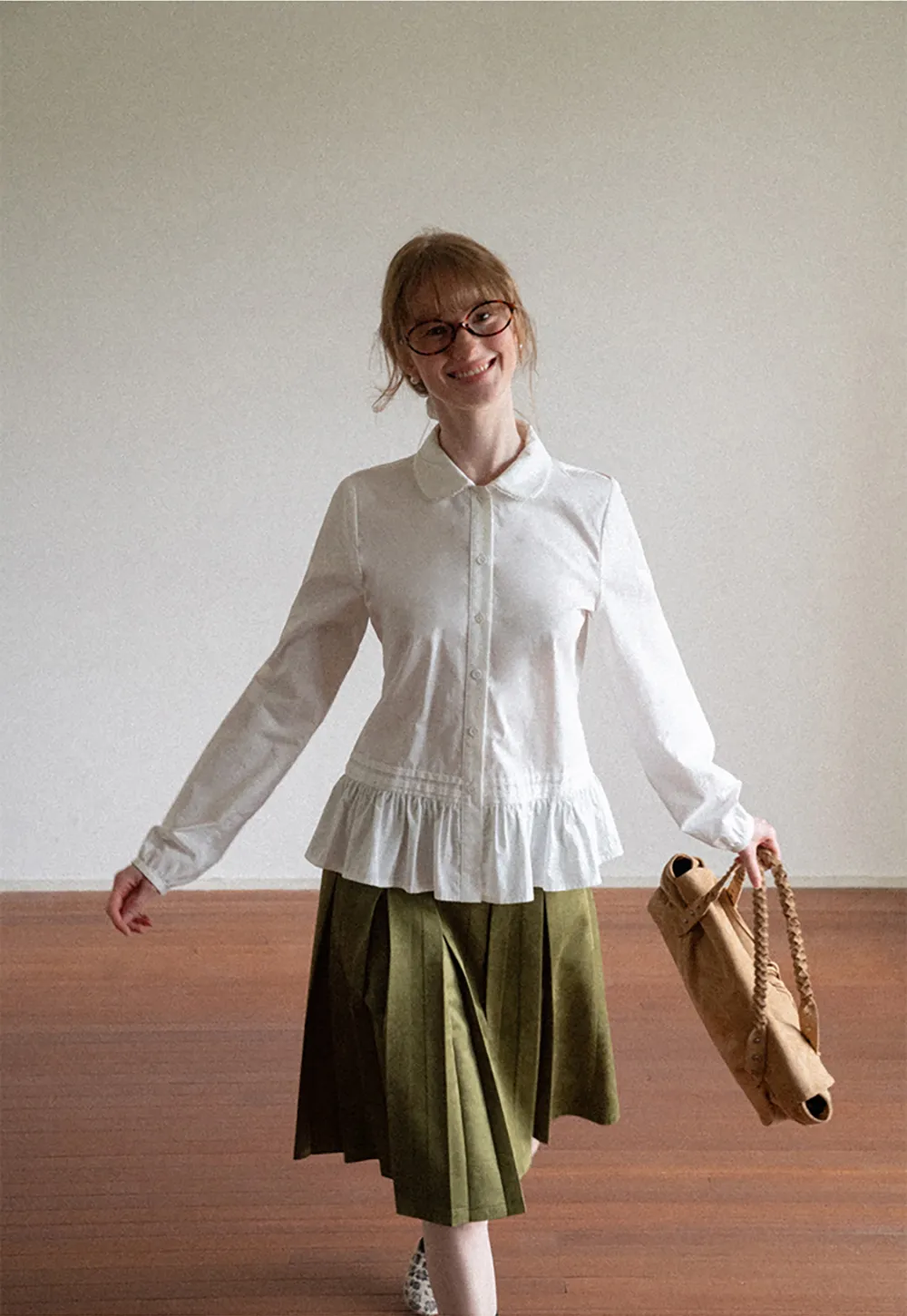 Peplum Hem Peter Pan Collar Button Up Shirt