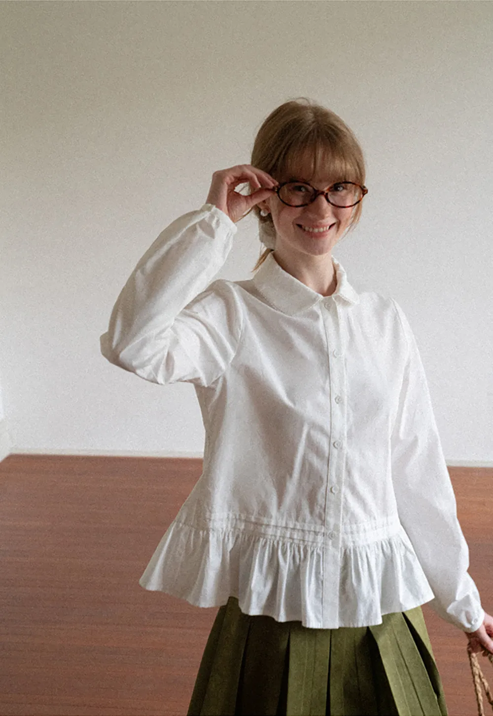 Peplum Hem Peter Pan Collar Button Up Shirt