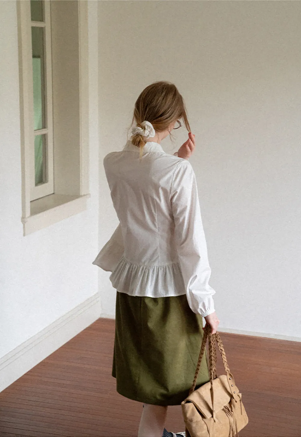 Peplum Hem Peter Pan Collar Button Up Shirt