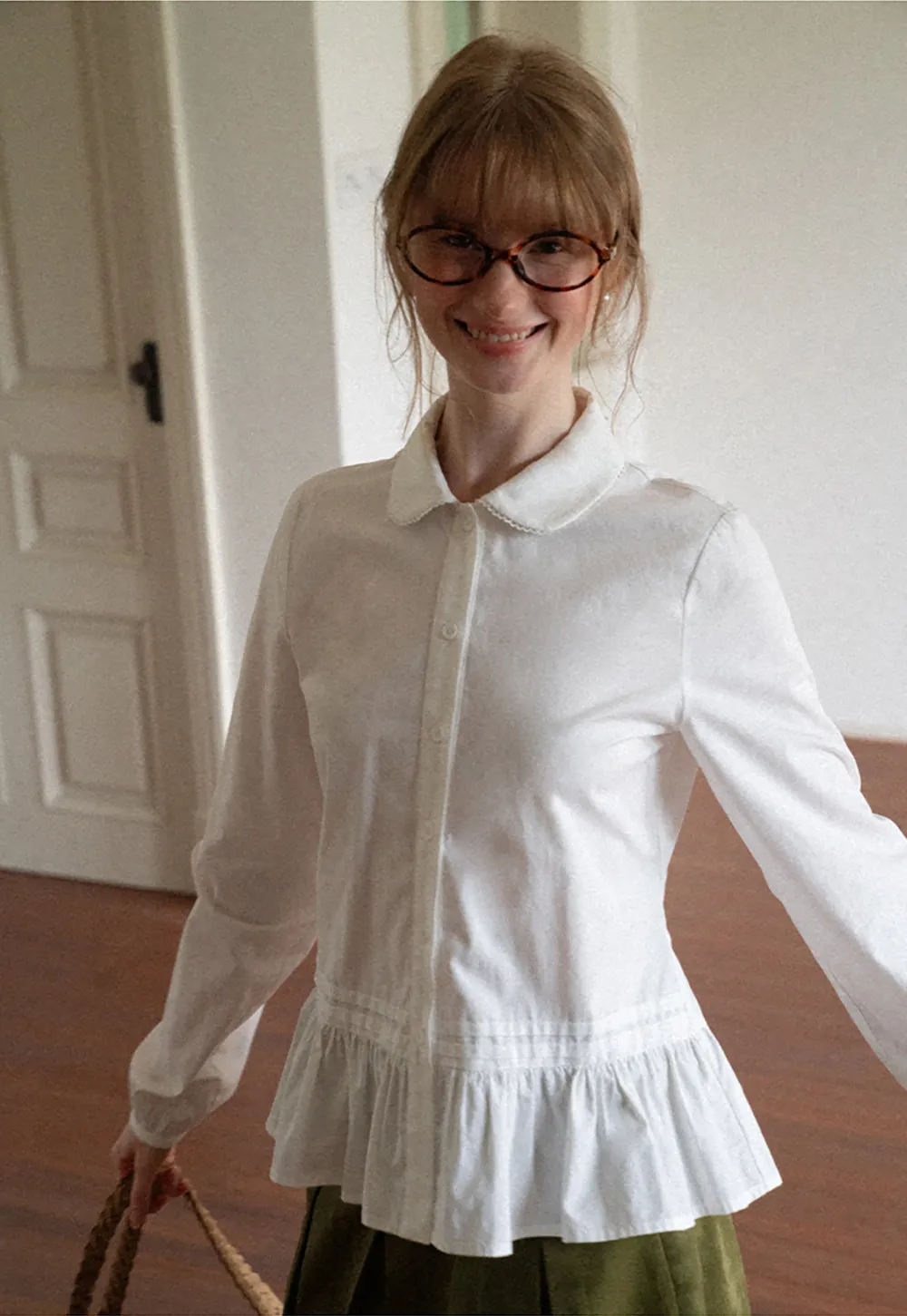 Peplum Hem Peter Pan Collar Button Up Shirt