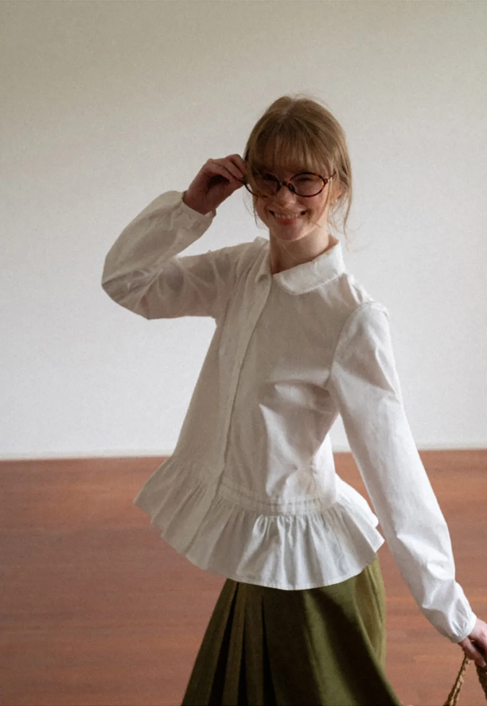 Peplum Hem Peter Pan Collar Button Up Shirt