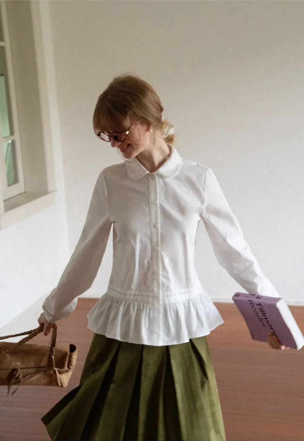 Peplum Hem Peter Pan Collar Button Up Shirt