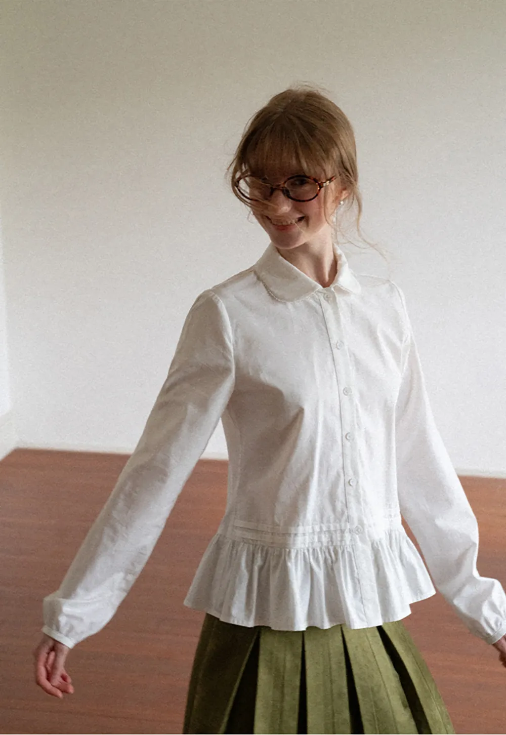 Peplum Hem Peter Pan Collar Button Up Shirt