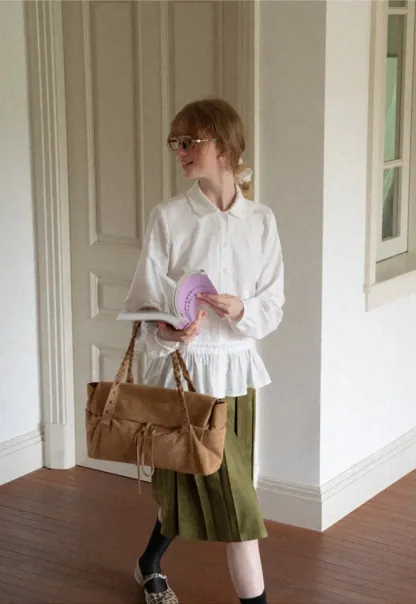 Peplum Hem Peter Pan Collar Button Up Shirt