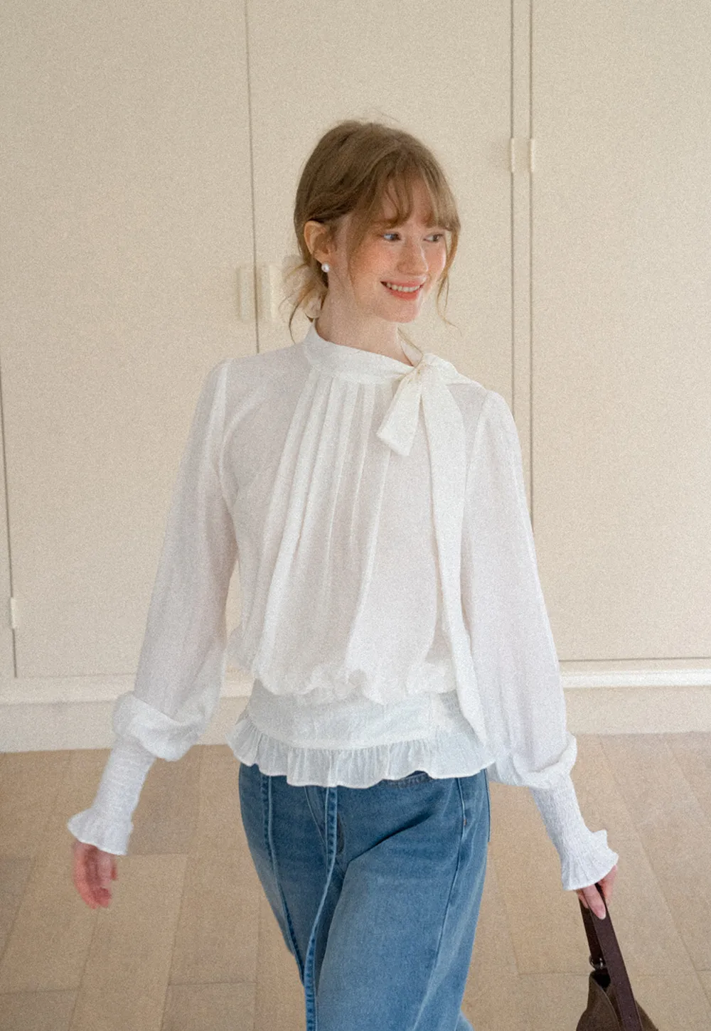 Pleated High Neck Bow Detail Blouse