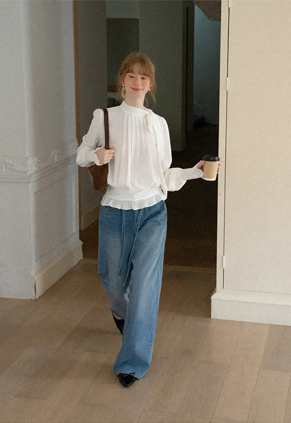 Pleated High Neck Bow Detail Blouse