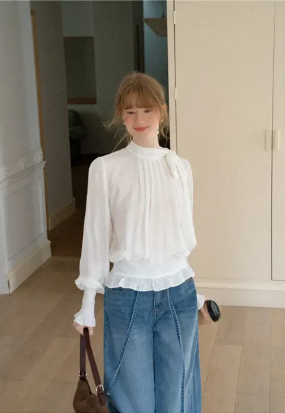 Pleated High Neck Bow Detail Blouse