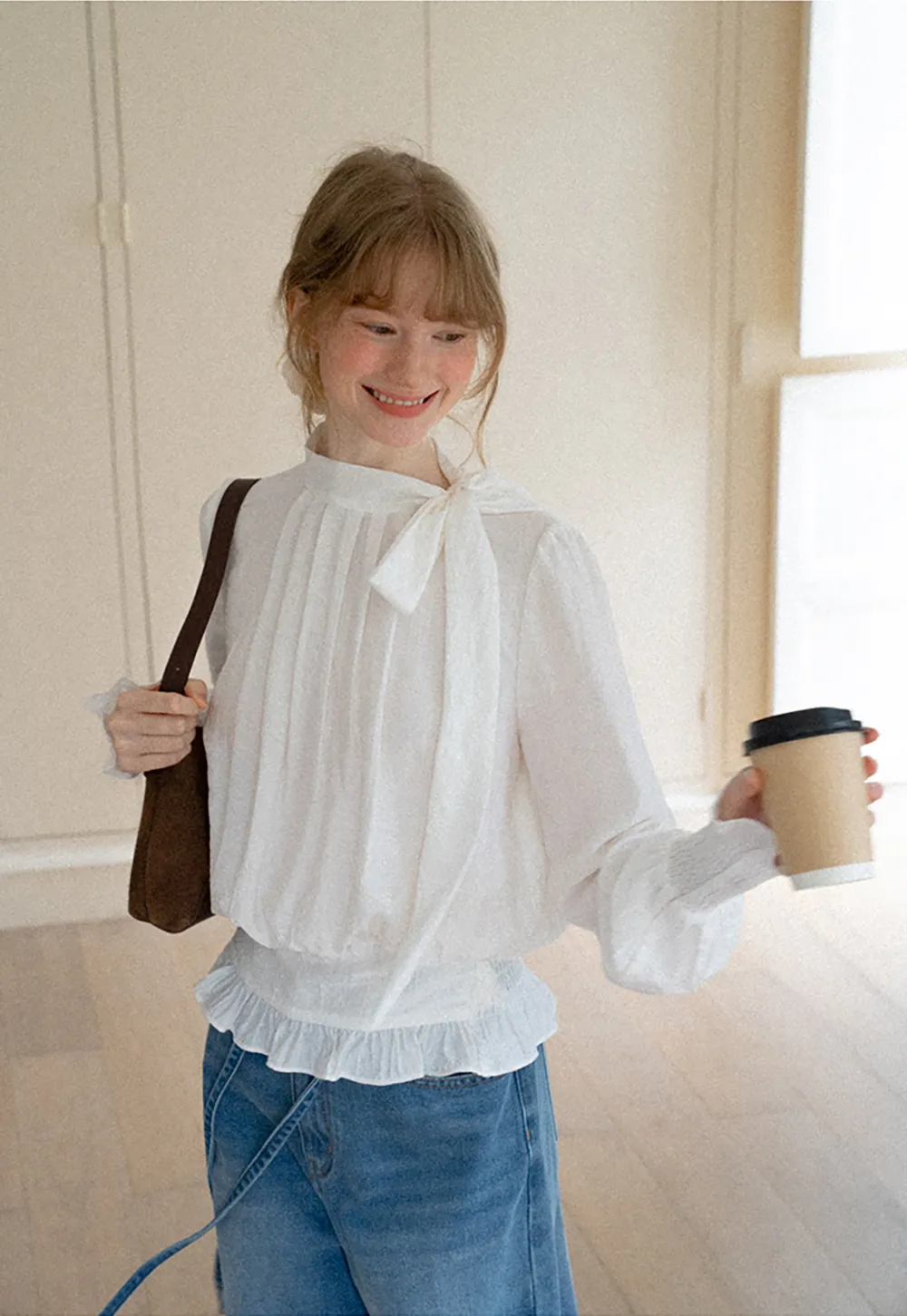Pleated High Neck Bow Detail Blouse