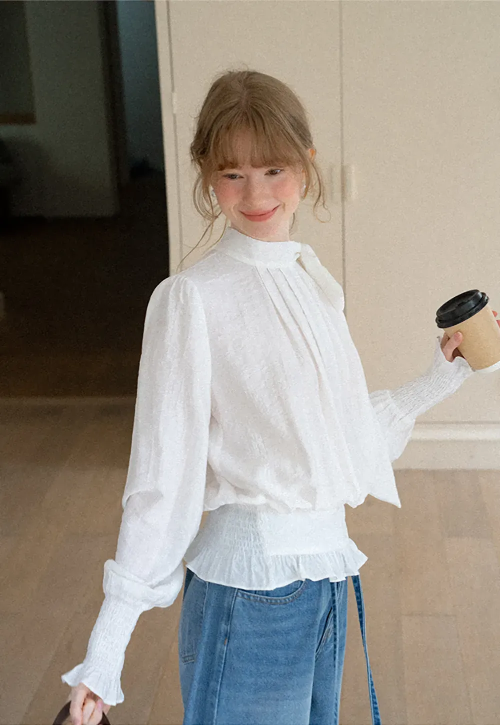 Pleated High Neck Bow Detail Blouse